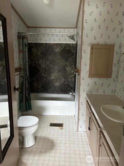 bathroom with wallpapered walls, tile patterned floors, shower / tub combo, and toilet