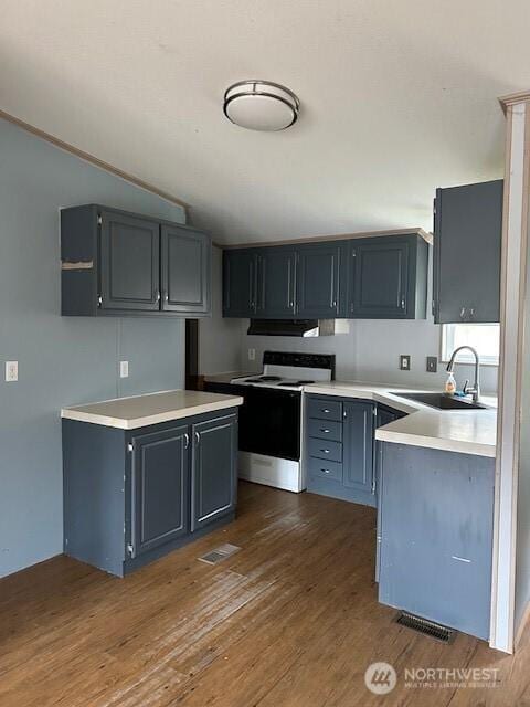 kitchen with visible vents, dark wood-type flooring, a sink, under cabinet range hood, and electric range oven