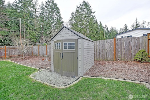 view of shed featuring a fenced backyard