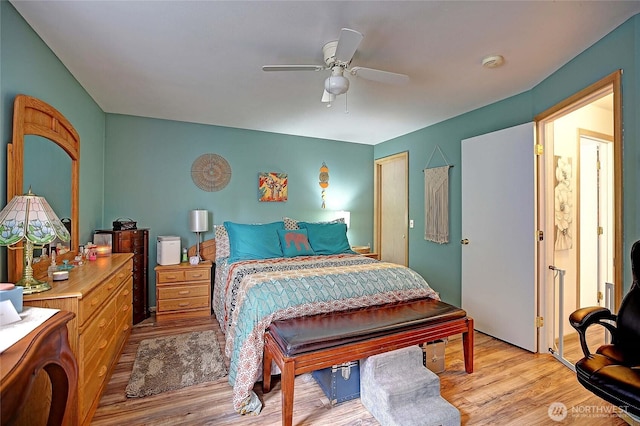 bedroom featuring ceiling fan and wood finished floors