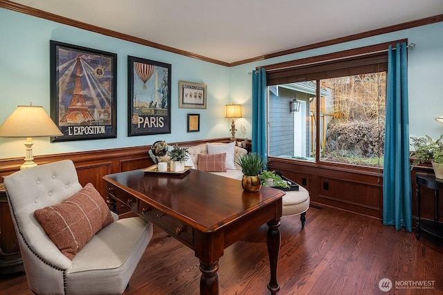 office with a wainscoted wall, crown molding, and wood finished floors