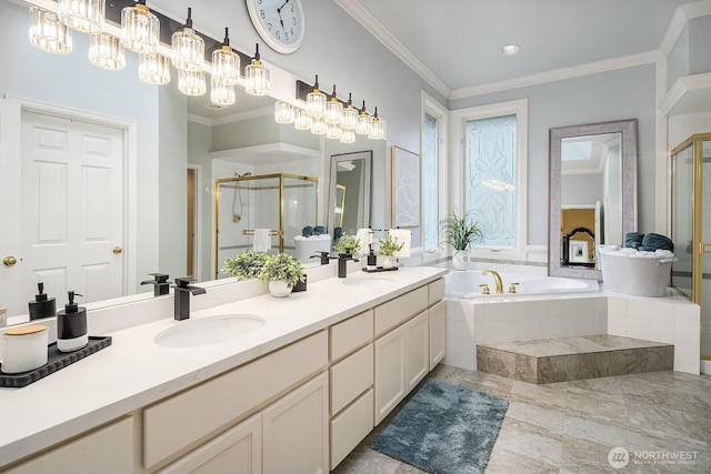 bathroom with a bath, a shower stall, ornamental molding, and a sink