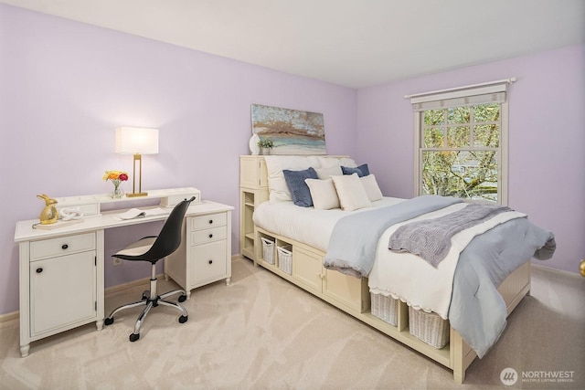 bedroom with light colored carpet