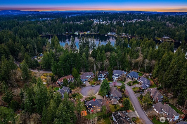 drone / aerial view with a view of trees and a water view