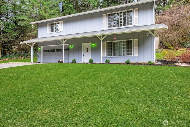 view of front facade with a garage, a porch, driveway, and a front lawn