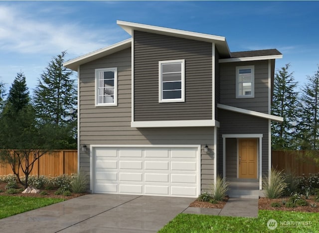 contemporary house with concrete driveway, an attached garage, and fence