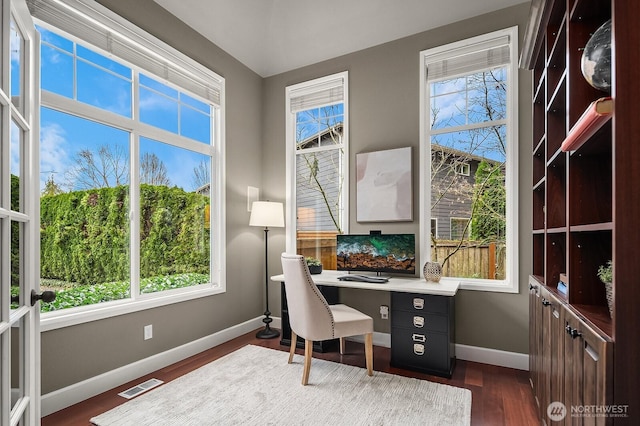 office featuring visible vents, baseboards, and dark wood finished floors