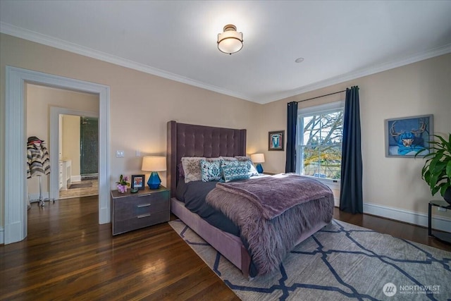 bedroom with baseboards, wood finished floors, and ornamental molding