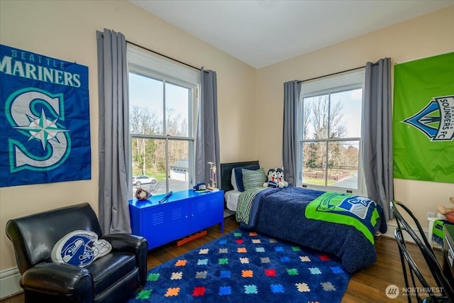 bedroom featuring multiple windows and wood finished floors