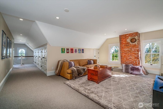 carpeted living area with recessed lighting, mail area, baseboards, and vaulted ceiling