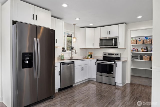 kitchen featuring a sink, stainless steel appliances, dark wood finished floors, and white cabinetry