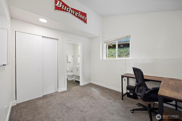 office featuring vaulted ceiling, carpet flooring, recessed lighting, and baseboards