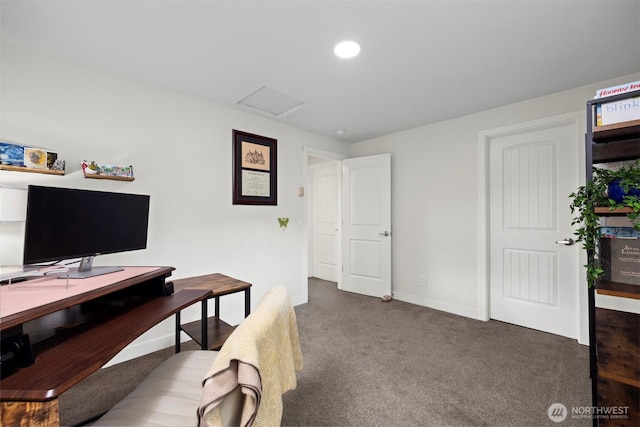 office with recessed lighting, baseboards, carpet floors, and attic access