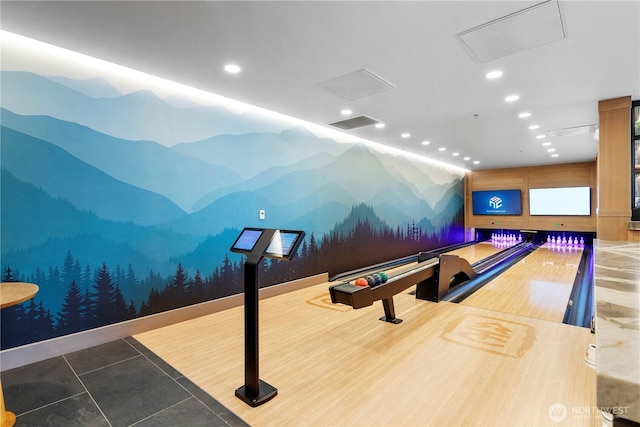 game room with tile patterned flooring, bowling, recessed lighting, and visible vents