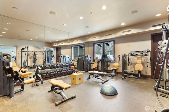 gym featuring recessed lighting and visible vents