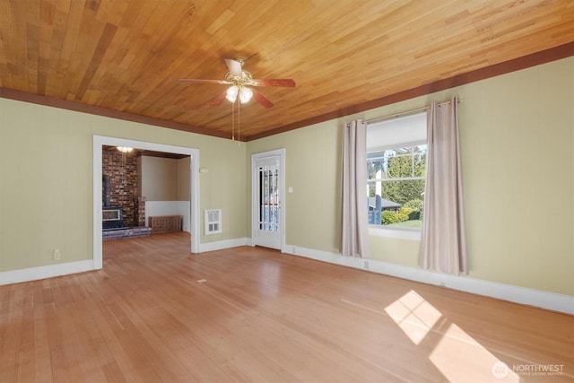 unfurnished room featuring a ceiling fan, wood ceiling, baseboards, and wood finished floors