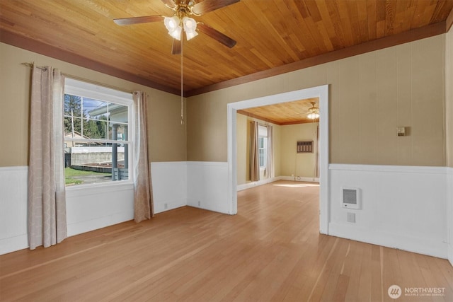 spare room with light wood-type flooring, wood ceiling, a ceiling fan, and wainscoting