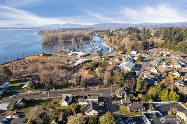 drone / aerial view with a wooded view and a water and mountain view