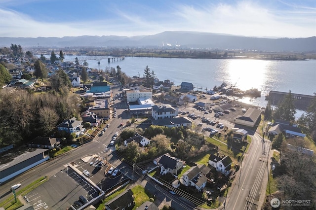 drone / aerial view with a water and mountain view