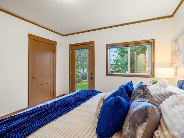 bedroom with access to exterior and ornamental molding