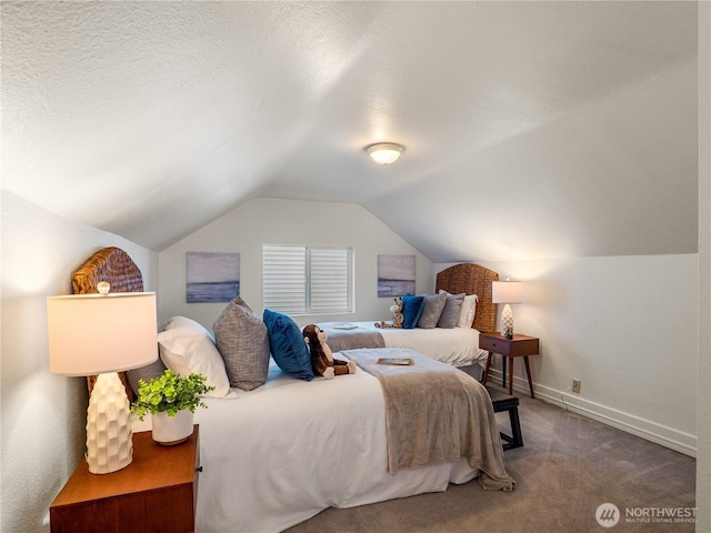 bedroom featuring baseboards, a textured ceiling, lofted ceiling, and carpet flooring