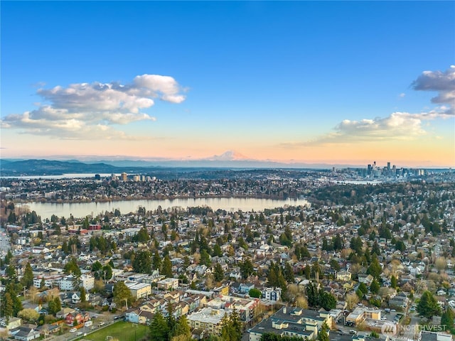 bird's eye view with a water and mountain view