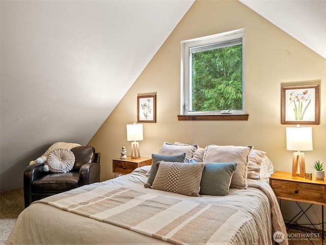 bedroom with lofted ceiling and carpet flooring