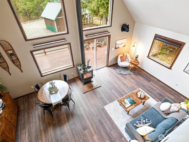 living area featuring a wood stove, wood finished floors, and high vaulted ceiling