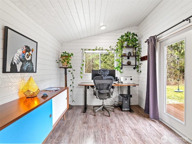 home office with a wealth of natural light, wooden ceiling, wood finished floors, and vaulted ceiling