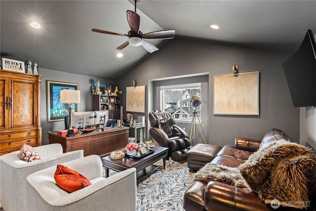 living area featuring recessed lighting, lofted ceiling, and ceiling fan