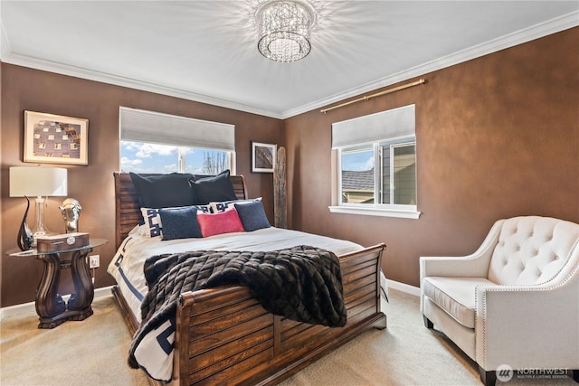 bedroom with crown molding, carpet, and baseboards