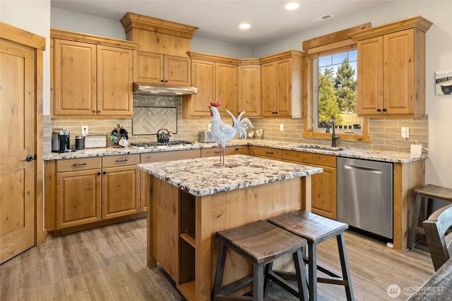 kitchen with light wood finished floors, appliances with stainless steel finishes, a sink, and under cabinet range hood