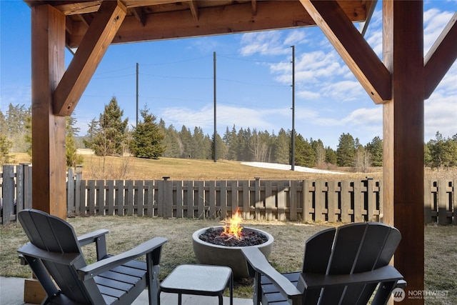 view of patio / terrace featuring a fire pit and fence