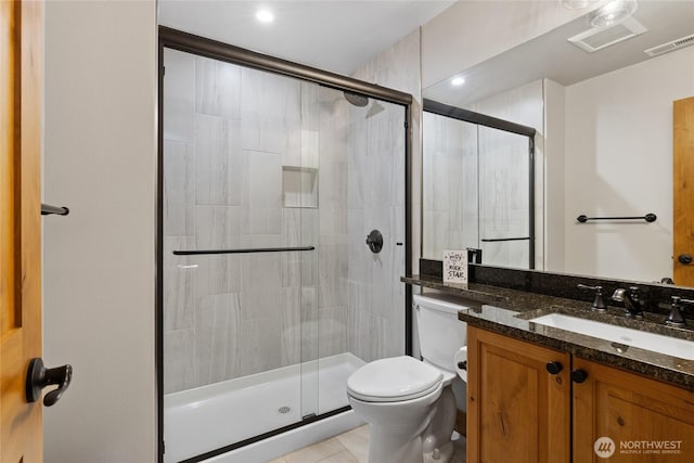 bathroom with toilet, a stall shower, and visible vents