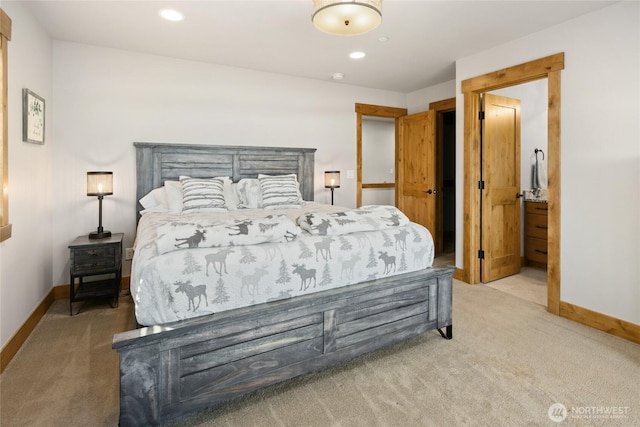 carpeted bedroom with recessed lighting and baseboards