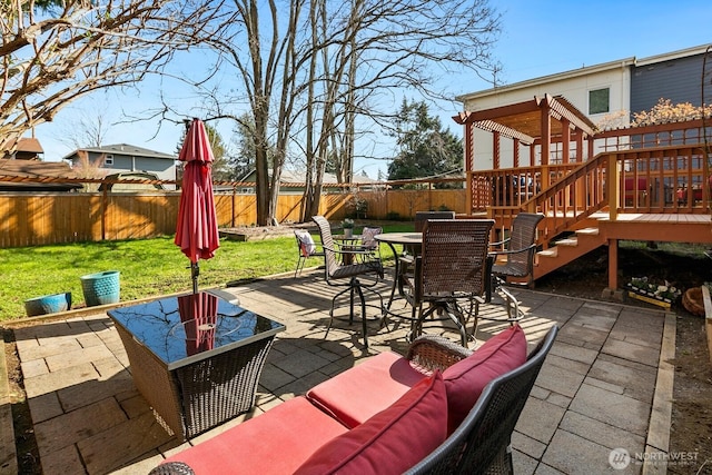 view of patio / terrace featuring outdoor dining area, a fenced backyard, and an outdoor hangout area