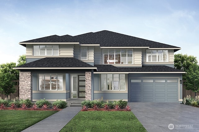 prairie-style home with concrete driveway, fence, a garage, and a front yard