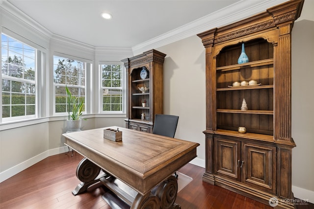 office with dark wood-type flooring, recessed lighting, baseboards, and ornamental molding