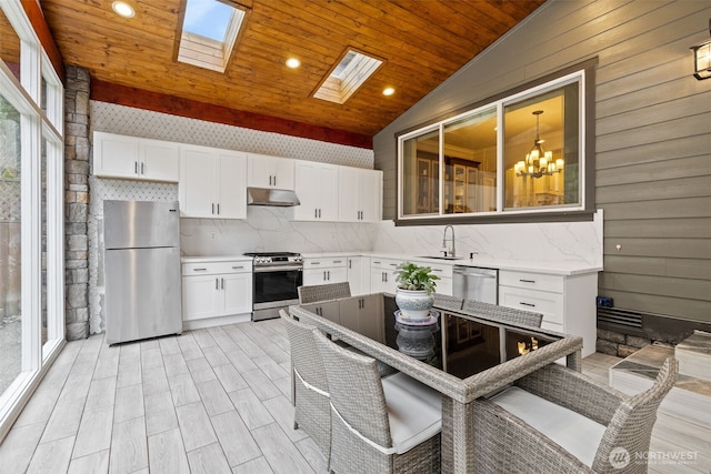 kitchen with vaulted ceiling with skylight, a sink, under cabinet range hood, appliances with stainless steel finishes, and wooden ceiling