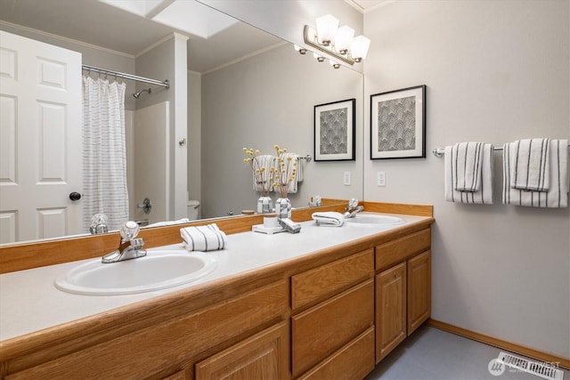 full bathroom with a sink, visible vents, toilet, and ornamental molding