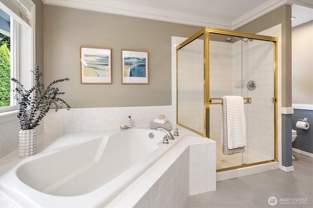 bathroom featuring plenty of natural light, a stall shower, and toilet