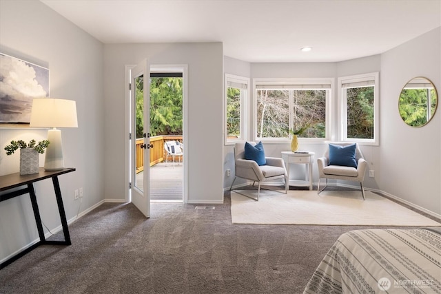 bedroom with access to outside, recessed lighting, baseboards, and carpet floors