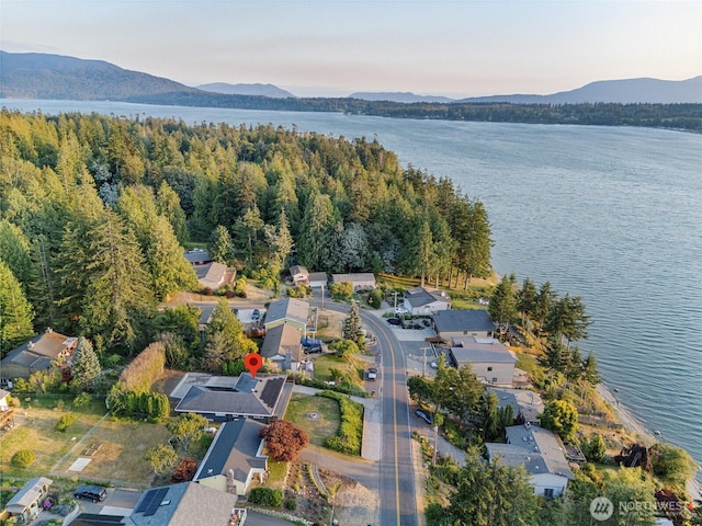 bird's eye view with a water and mountain view