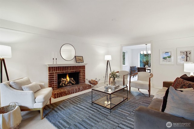 carpeted living area featuring an inviting chandelier and a fireplace