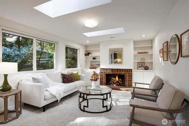 living area with built in features, recessed lighting, a skylight, and a fireplace