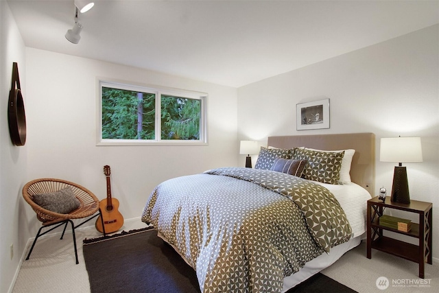 carpeted bedroom featuring track lighting and baseboards