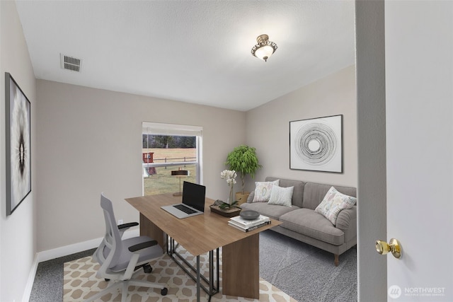 office space featuring visible vents, baseboards, and carpet