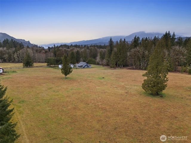 mountain view featuring a wooded view