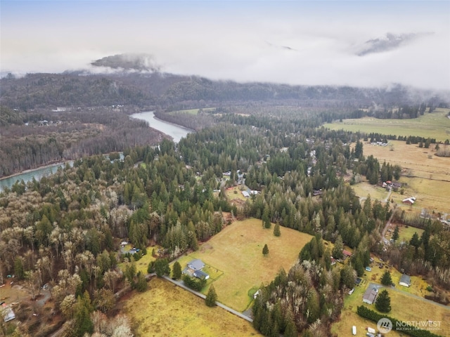 birds eye view of property with a rural view, a wooded view, and a water view