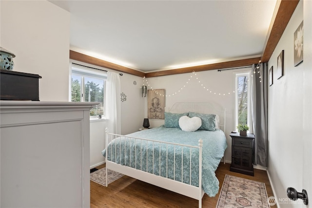 bedroom with multiple windows, baseboards, and wood finished floors